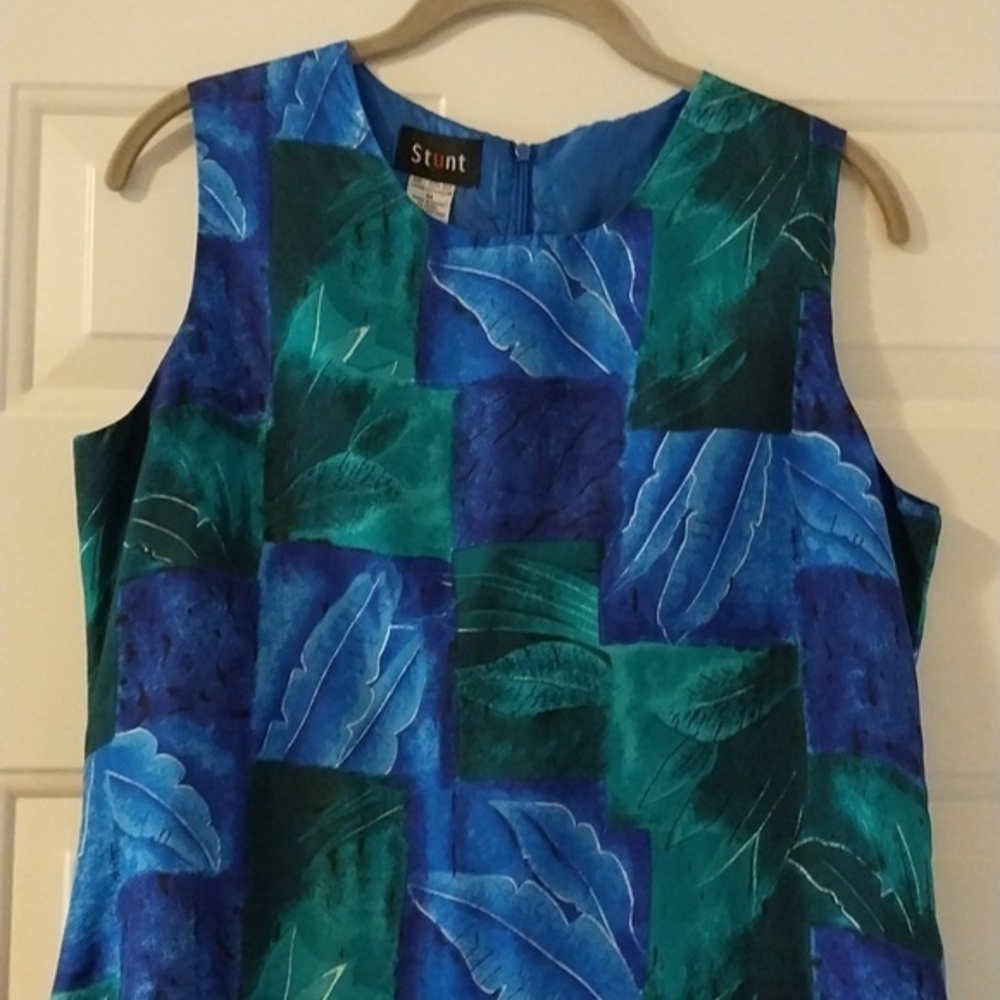 Stunt Vintage 100% Silk Sleeveless Dress Blue/Green‎ Leafy Print Size M